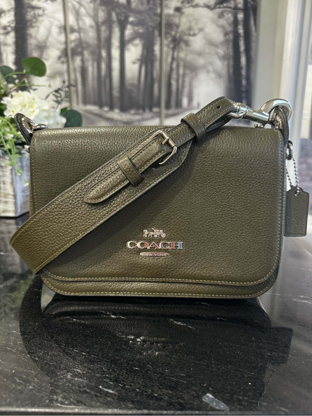 Coach Pebbled Leather Jes Messenger Bag in Olive Green with Silver  Hardware